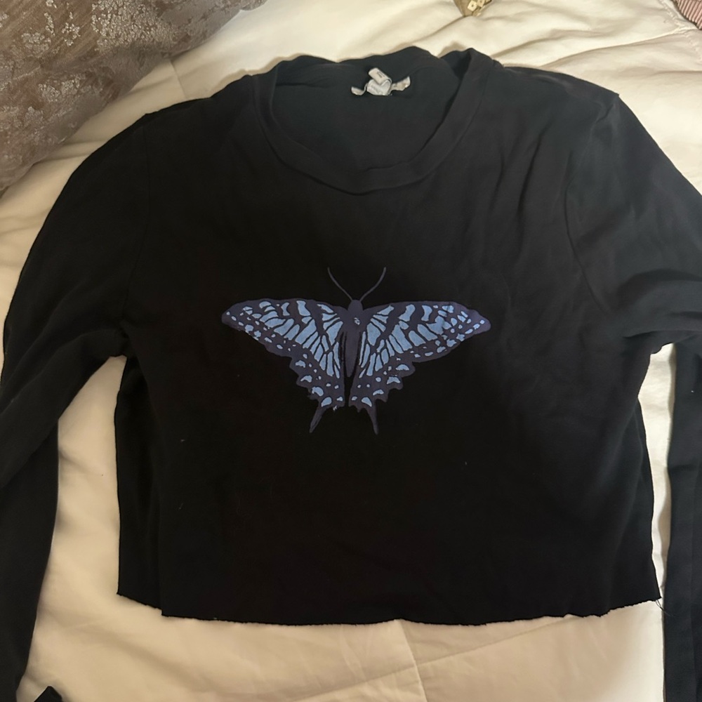 Topshop Black Cropped Long-Sleeve Top with Blue Butterfly Graphic